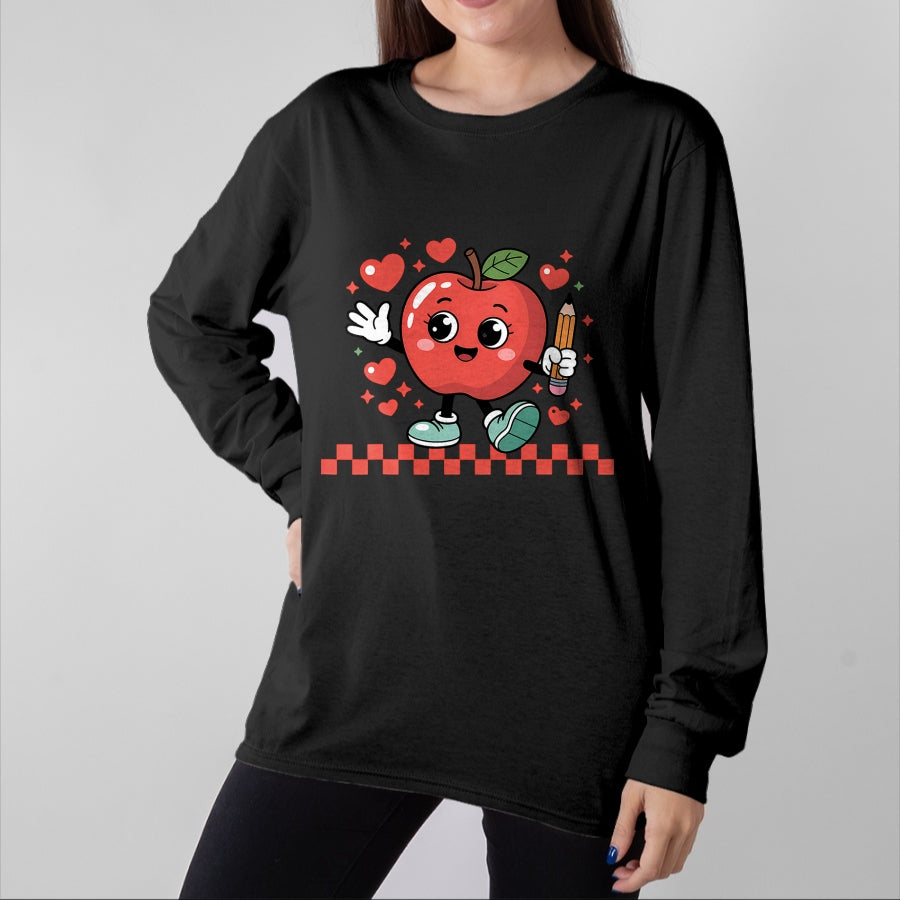 Best Teacher Shirt, Funny Teacher UnisexT-Shirt/Hoodie/Sweatshirt HLT00 - Cute Retro Checkered Apple with Face Teacher Pencil Trendy T-Shirt (2)