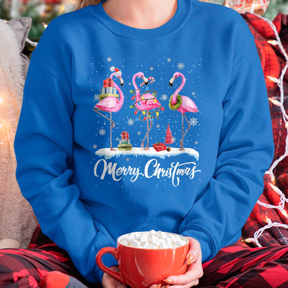Merry Christmas Hat Santa Flamingo Light Christmas HNDS T-Shirt - Christmas Unisex T-Shirt/Hoodie/Sweatshirt - HNDS00