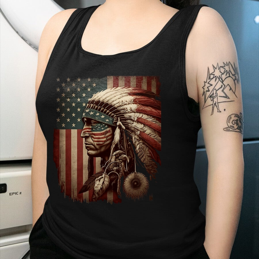 Native American T-Shirts, Vintage Native American Unisex T-Shirt/Hoodie/Sweatshirt HLT00 - Native American Indian Chief American USA Flag T-Shirt (1)