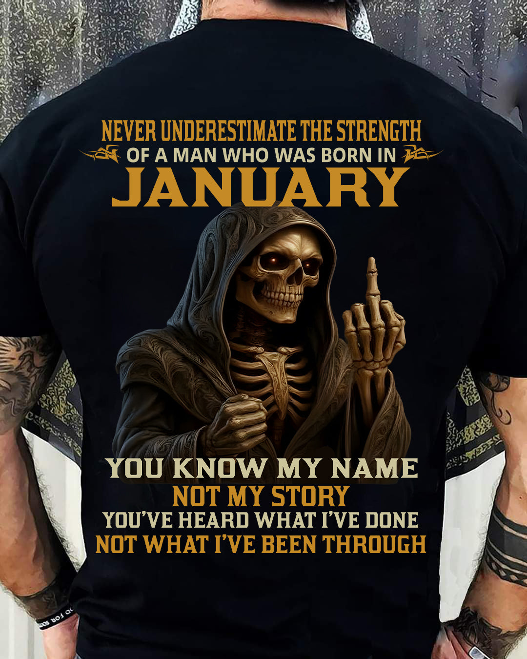 JANUARY - NEVER UNDERESTIMATE - BIRTHDAY T-SHIRT FOR MEN - EBIL01 (SKU26T-01-06-01)