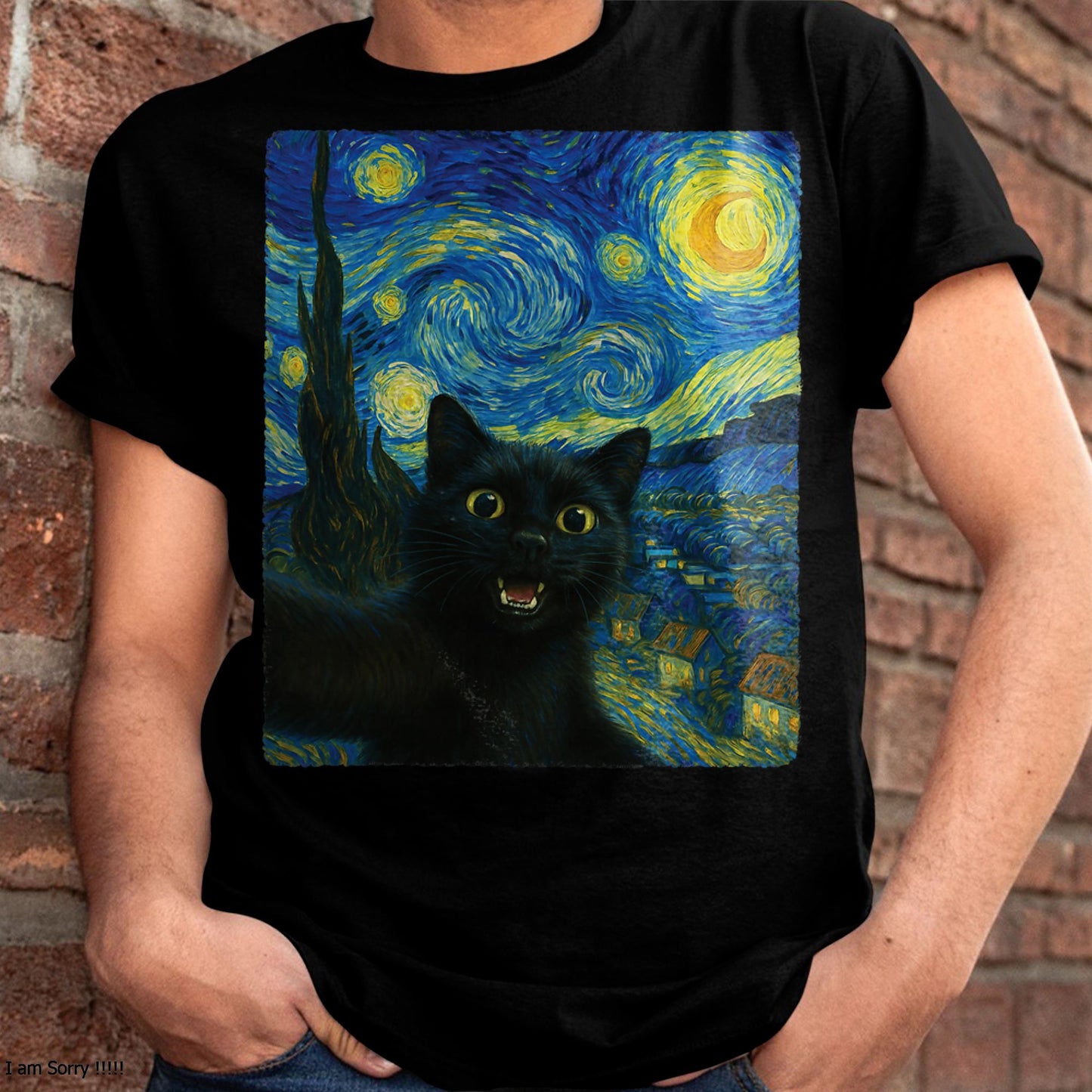 Black Cat Starry Night Van Gogh Cat Selfie Cat Mom Cat Lover T-Shirt CAT00 (SKU-TRU-ME01)