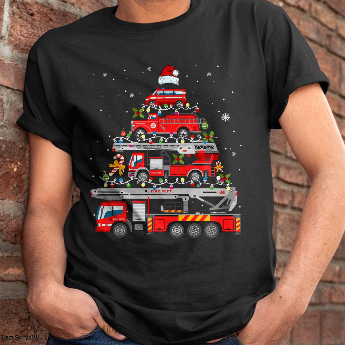 Firefighter Fire Truck Christmas Tree Lights Santa Fireman T-Shirt - Christmas Unisex T-Shirt/Hoodie/Sweatshirt - HNDS00