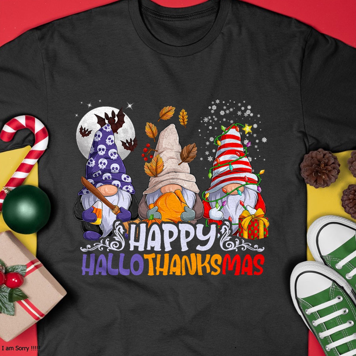 HalloThanksMas Gnomes Halloween Thanksgiving Christmas Happy T-Shirt - Christmas Unisex T-Shirt/Hoodie/Sweatshirt - HNDS00