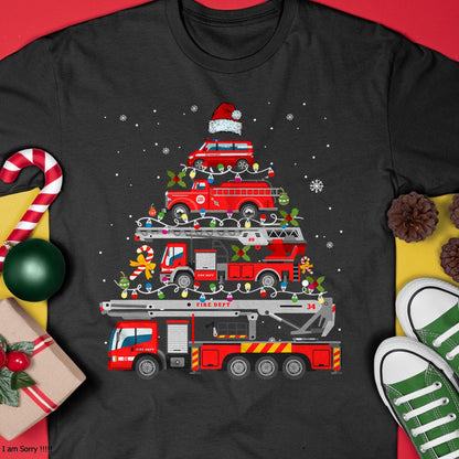 Firefighter Fire Truck Christmas Tree Lights Santa Fireman T-Shirt - Christmas Unisex T-Shirt/Hoodie/Sweatshirt - HNDS00
