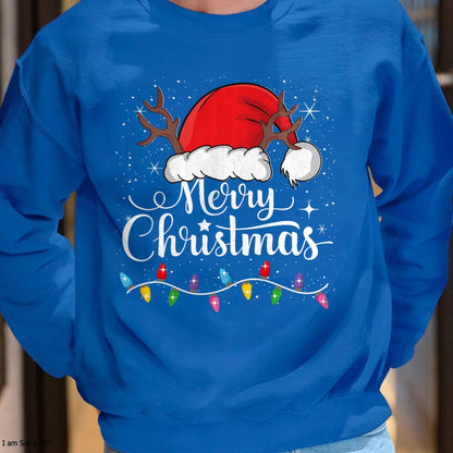 Merry Christmas Red Santa Hat Reindeer Xmas Family Men Women T-Shirt - Christmas Unisex T-Shirt/Hoodie/Sweatshirt - HNDS00