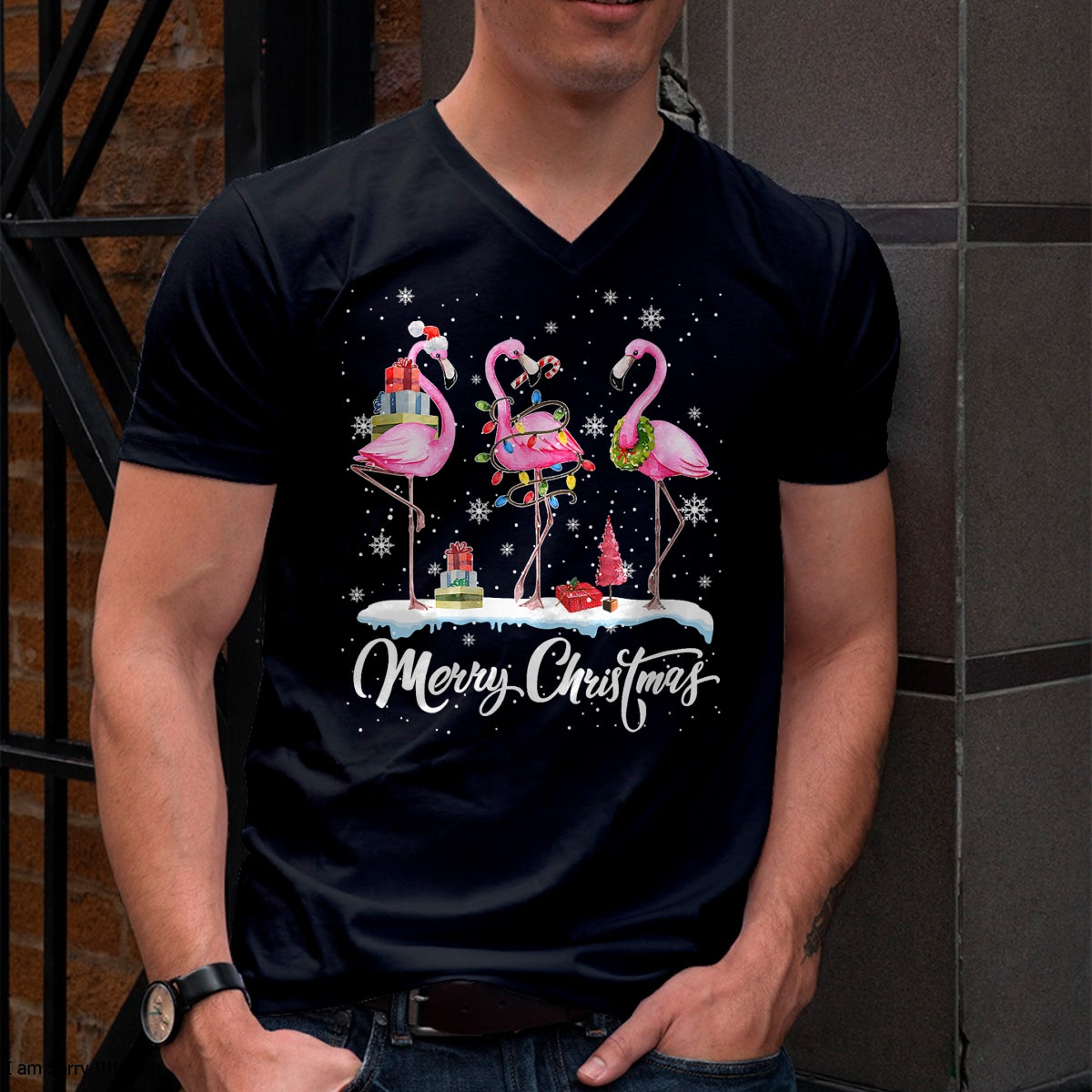 Merry Christmas Hat Santa Flamingo Light Christmas HNDS T-Shirt - Christmas Unisex T-Shirt/Hoodie/Sweatshirt - HNDS00