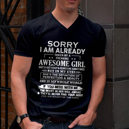 Sorry I Am Already Taken By A Freaking Awesome Girl – Gift For Boyfriend From Wife Or Girlfriend T-Shirt – DONN00 (SKU12-293-00)