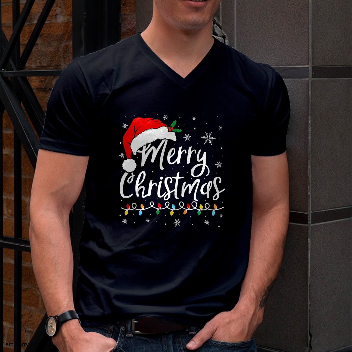 Merry Christmas Lights Santa Hat Xmas Family Matching Pajama T-Shirt - Christmas Unisex T-Shirt/Hoodie/Sweatshirt - HNDS00