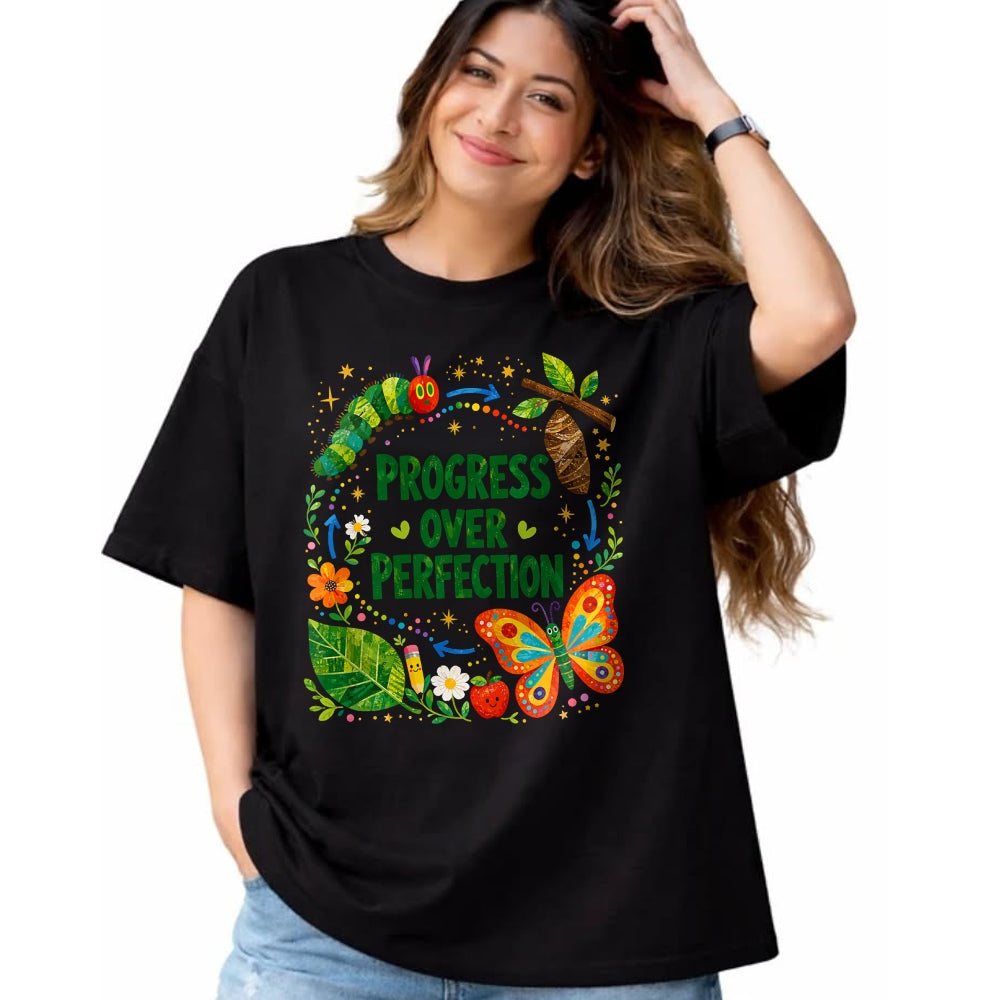 Best Teacher Shirt, Funny Teacher UnisexT-Shirt/Hoodie/Sweatshirt HLT00 - Teachers Back to School Progress Over Perfection Butterfly T-Shirt