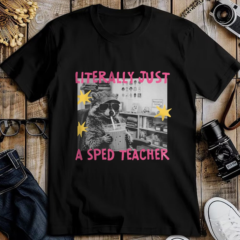 Best Teacher Shirt, Funny Teacher UnisexT-Shirt/Hoodie/Sweatshirt HLT00 - Literally Just A Sped Teacher Raccoon T-Shirt
