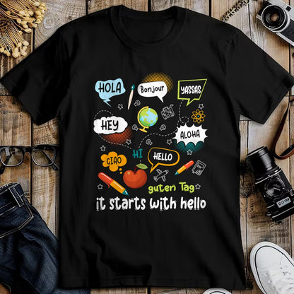 Best Teacher Shirt, Funny Teacher UnisexT-Shirt/Hoodie/Sweatshirt HLT00 - Friendship Inclusion Language Teacher It Starts with Hello T-Shirt