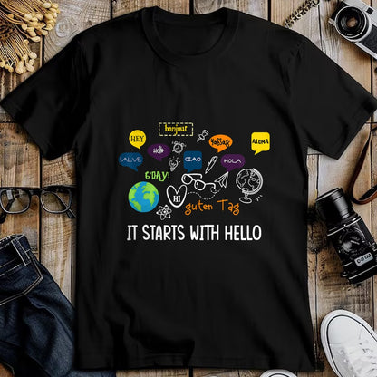 Best Teacher Shirt, Funny Teacher UnisexT-Shirt/Hoodie/Sweatshirt HLT00 - It Starts with Hello Friendship Inclusion Language Teacher T-Shirt