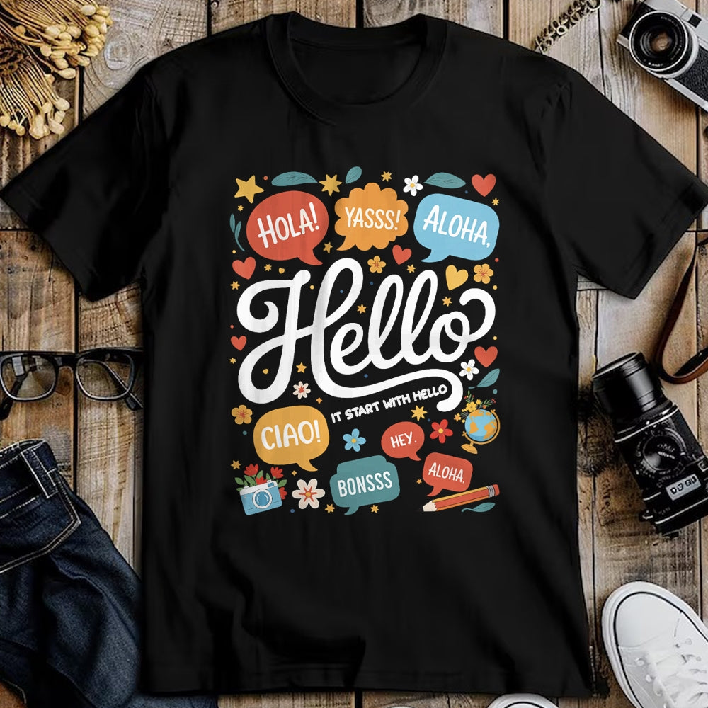 Best Teacher Shirt, Funny Teacher UnisexT-Shirt/Hoodie/Sweatshirt HLT00 - It Starts with Hello Friendship Inclusion Language Teacher T-Shirt (2)
