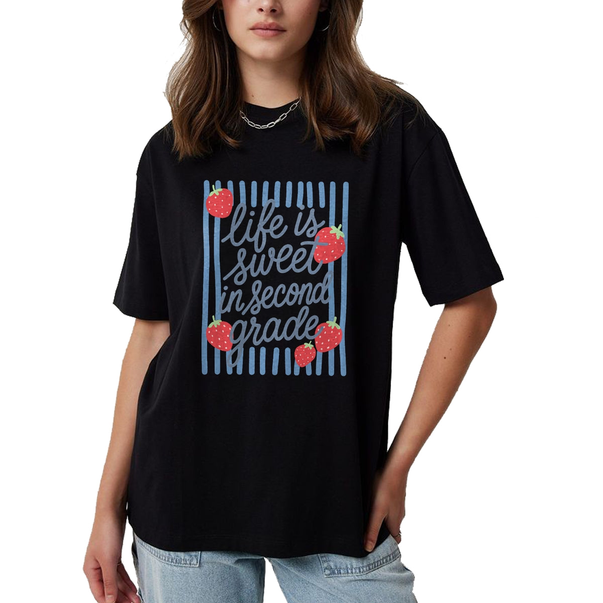 Best Teacher Shirt, Funny Teacher UnisexT-Shirt/Hoodie/Sweatshirt HLT00 - Striped Life is Sweet in Second Grade Strawberries Teacher T-Shirt