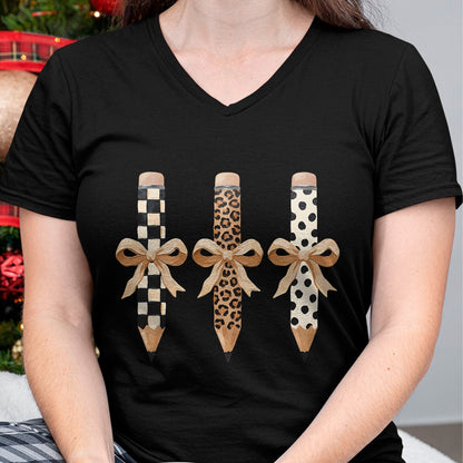 Best Teacher Shirt, Funny Teacher UnisexT-Shirt/Hoodie/Sweatshirt HLT00 - Preppy Leopard Pencil Bow Coquette Teacher Back to School T-Shirt