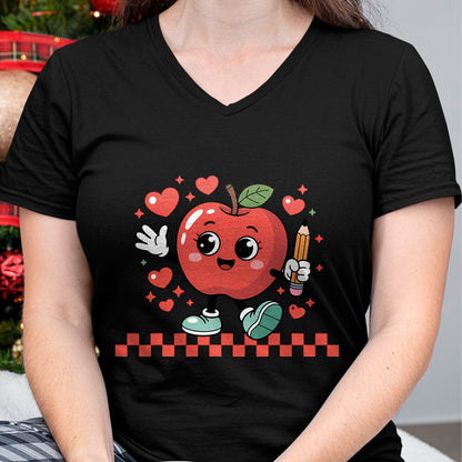 Best Teacher Shirt, Funny Teacher UnisexT-Shirt/Hoodie/Sweatshirt HLT00 - Cute Retro Checkered Apple with Face Teacher Pencil Trendy T-Shirt (2)