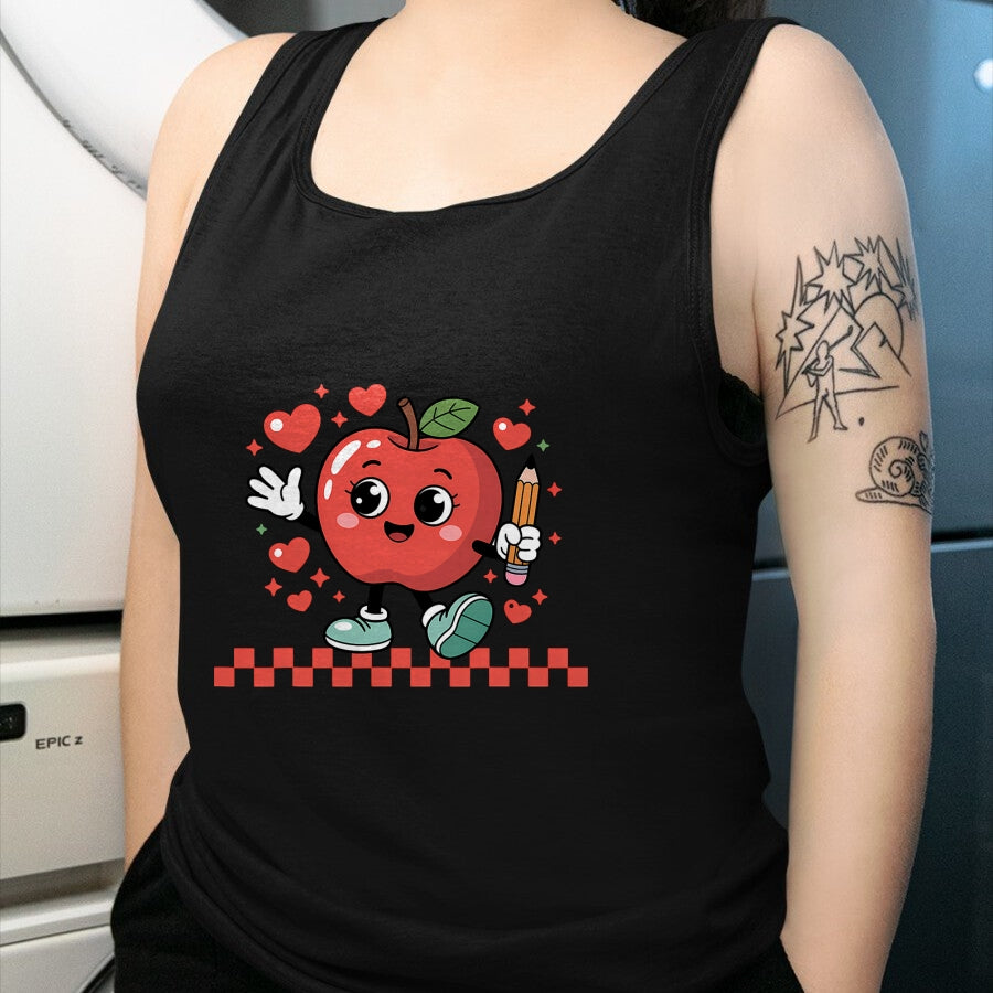 Best Teacher Shirt, Funny Teacher UnisexT-Shirt/Hoodie/Sweatshirt HLT00 - Cute Retro Checkered Apple with Face Teacher Pencil Trendy T-Shirt (2)