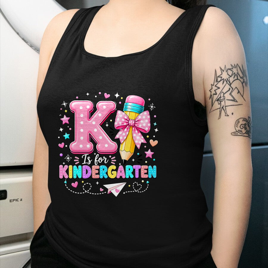 Best Teacher Shirt, Funny Teacher UnisexT-Shirt/Hoodie/Sweatshirt HLT00 - K is for Kindergarten Teacher Coquette Bow Back to School T-Shirt