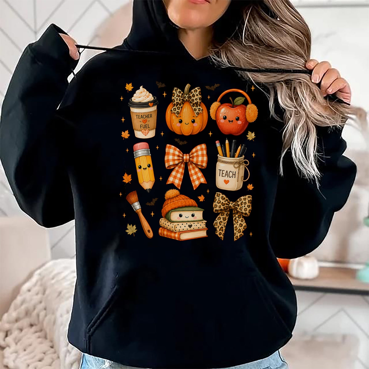 Best Teacher Shirt, Funny Teacher UnisexT-Shirt/Hoodie/Sweatshirt HLT00 - Fall Teacher Halloween Pumpkin Bow Apple Coffee School T-Shirt