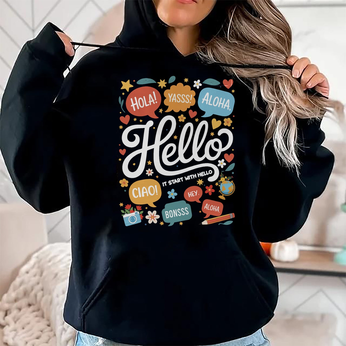 Best Teacher Shirt, Funny Teacher UnisexT-Shirt/Hoodie/Sweatshirt HLT00 - It Starts with Hello Friendship Inclusion Language Teacher T-Shirt (2)