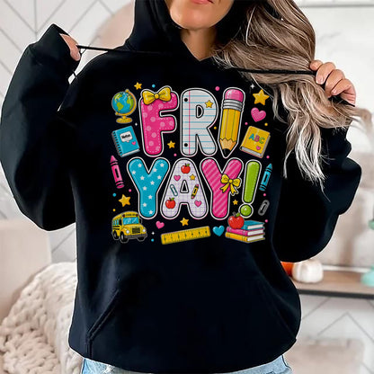 Best Teacher Shirt, Funny Teacher UnisexT-Shirt/Hoodie/Sweatshirt HLT00 - Happy Fri-Yay Friday Coquette Bow Teacher Back to School T-Shirt