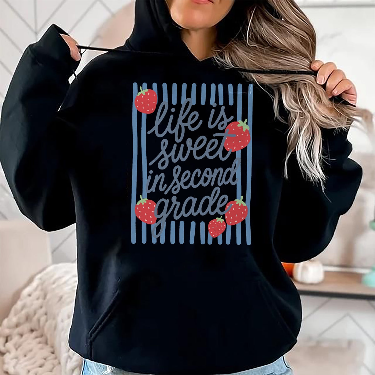 Best Teacher Shirt, Funny Teacher UnisexT-Shirt/Hoodie/Sweatshirt HLT00 - Striped Life is Sweet in Second Grade Strawberries Teacher T-Shirt