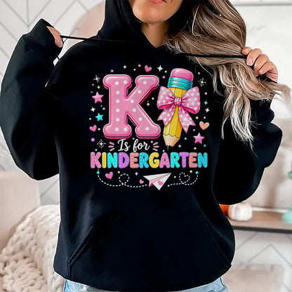 Best Teacher Shirt, Funny Teacher UnisexT-Shirt/Hoodie/Sweatshirt HLT00 - K is for Kindergarten Teacher Coquette Bow Back to School T-Shirt