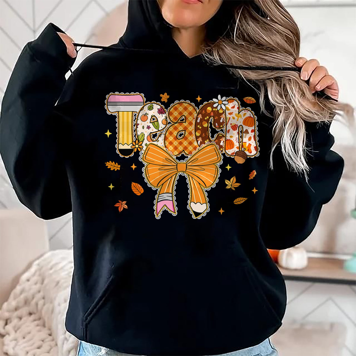 Best Teacher Shirt, Funny Teacher UnisexT-Shirt/Hoodie/Sweatshirt HLT00 - Thanksgiving Teacher Pencil Bow One Thankful Teacher Fall T-Shirt