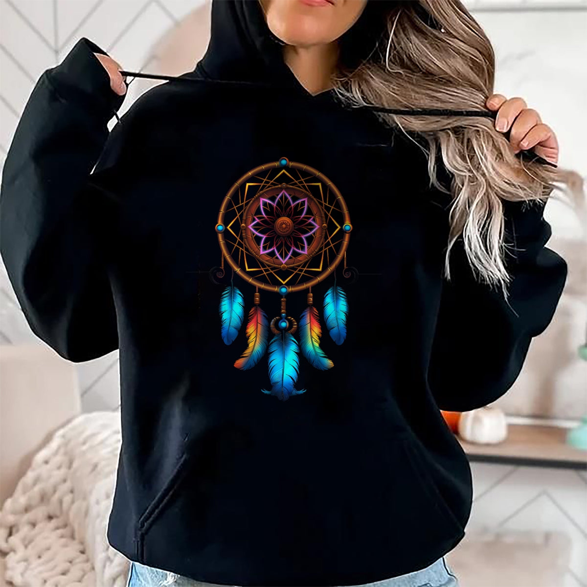 Native American T-Shirts, Vintage Native American Unisex T-Shirt/Hoodie/Sweatshirt HLT00 - American Flag - Colorful Dreamcatcher Feathers Tribal Native American Indian T-Shirt (1)