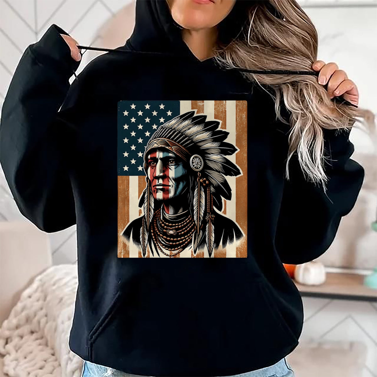 Native American T-Shirts, Vintage Native American Unisex T-Shirt/Hoodie/Sweatshirt HLT00 - Native American Indian Vintage Chief American USA Flag Retro T-Shirt (1)