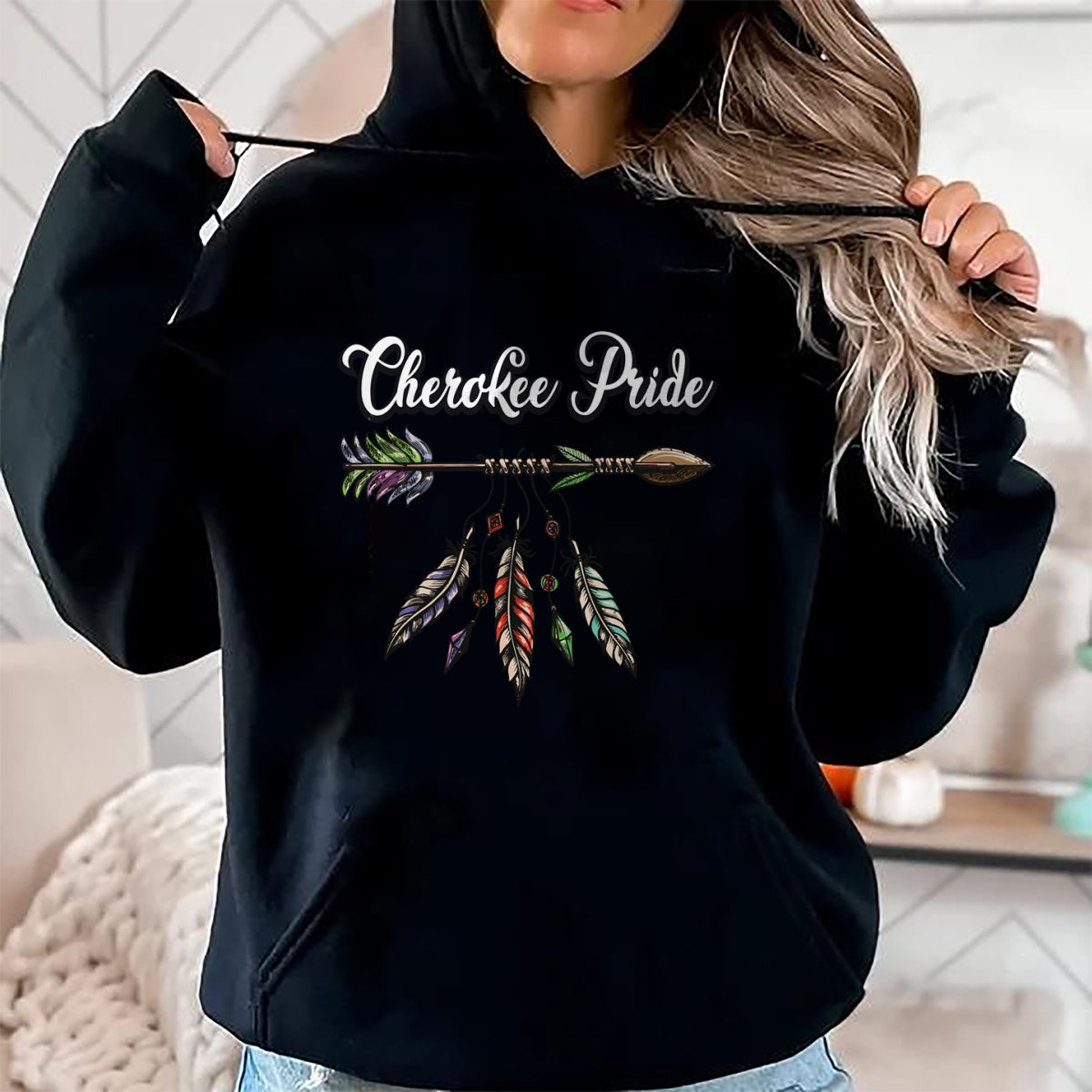 Native American T-Shirts, Vintage Native American Unisex T-Shirt/Hoodie/Sweatshirt HLT00 - American Flag - Cherokee Pride Feathers Native American Long Sleeve T-Shirt