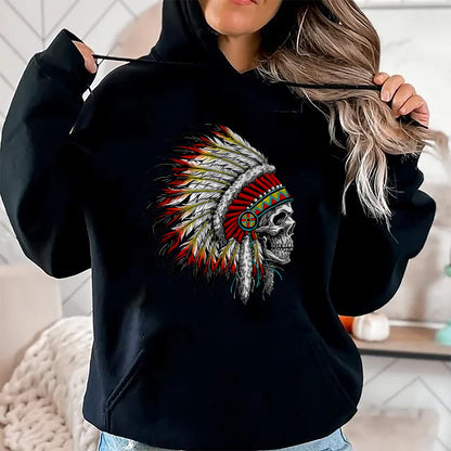 Native American T-Shirts, Vintage Native American Unisex T-Shirt/Hoodie/Sweatshirt HLT00 - Native American Indian Chief Skull Motorcycle Headdress T-Shirt (2)
