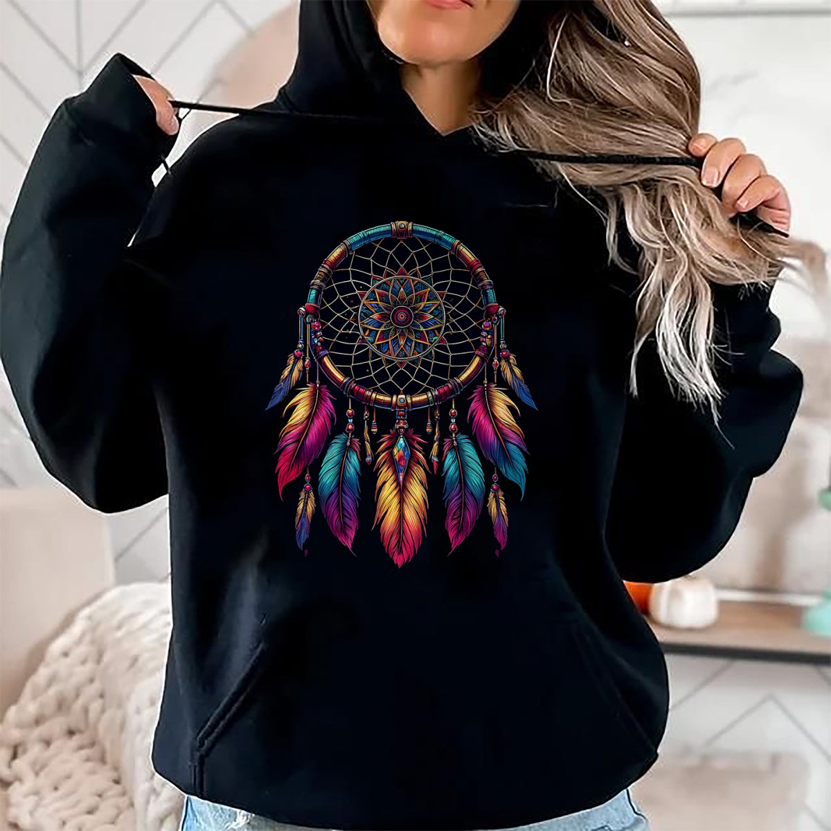 Native American T-Shirts, Vintage Native American Unisex T-Shirt/Hoodie/Sweatshirt HLT00 - American Flag - Colorful Dreamcatcher Feather Native American Indian Art T-Shirt (1)