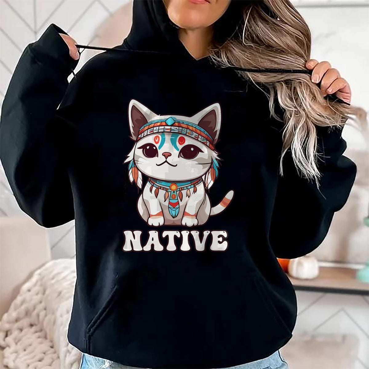 Native American T-Shirts, Vintage Native American Unisex T-Shirt/Hoodie/Sweatshirt HLT00 - American Flag - Cute American Native Indian Kawaii Cat Woman Girl T-Shirt