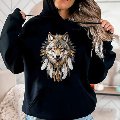 Native American T-Shirts, Vintage Native American Unisex T-Shirt/Hoodie/Sweatshirt HLT00 - Native American Wolf Feather Headdress Hunter Men Women T-Shirt (1)
