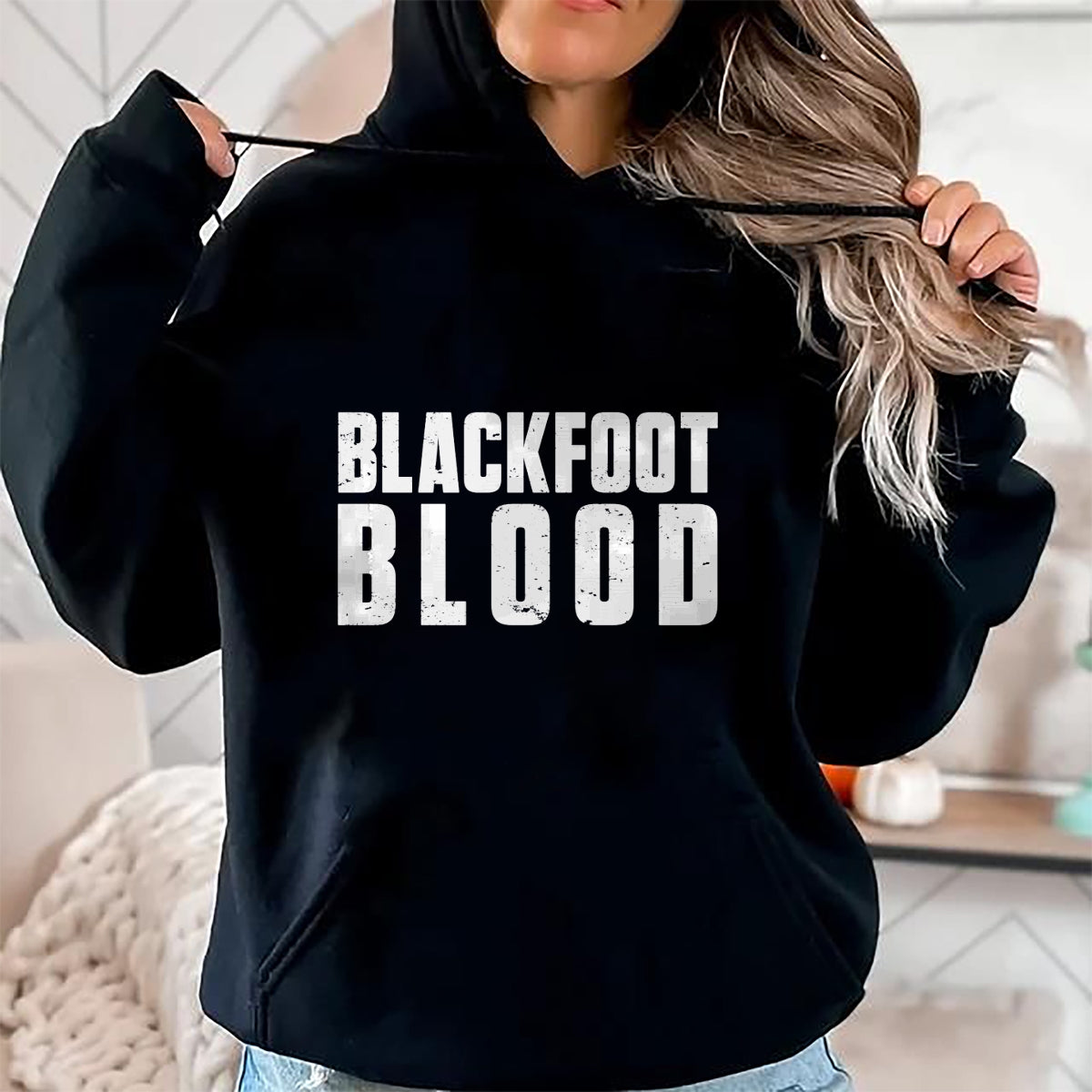 Native American T-Shirts, Vintage Native American Unisex T-Shirt/Hoodie/Sweatshirt HLT00 - American Flag - Blackfoot Blood for Proud Native American Blackfoot Tribe Long Sleeve T-Shirt