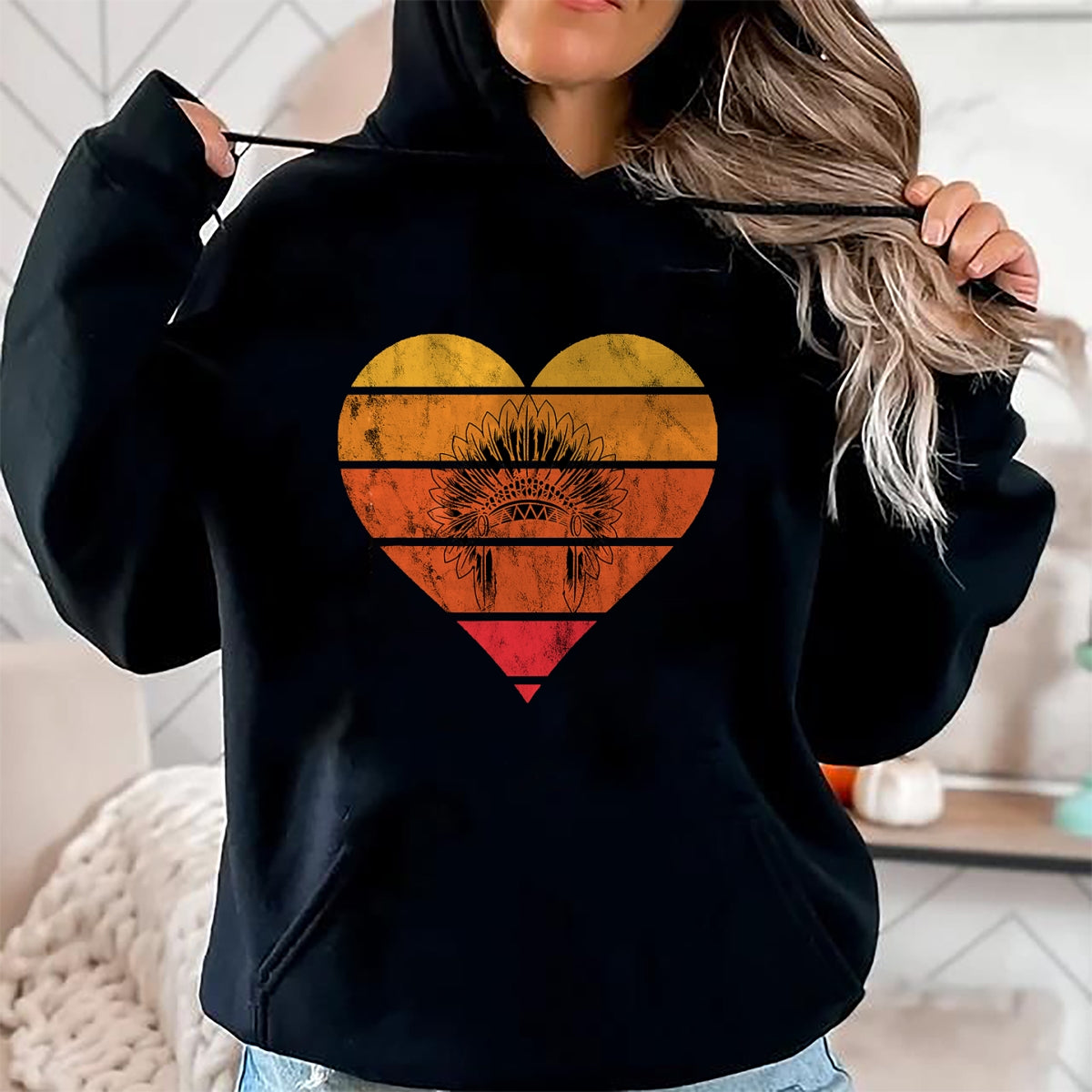 Native American T-Shirts, Vintage Native American Unisex T-Shirt/Hoodie/Sweatshirt HLT00 - Native American Retro Vintage Heart Sunset Native American T-Shirt