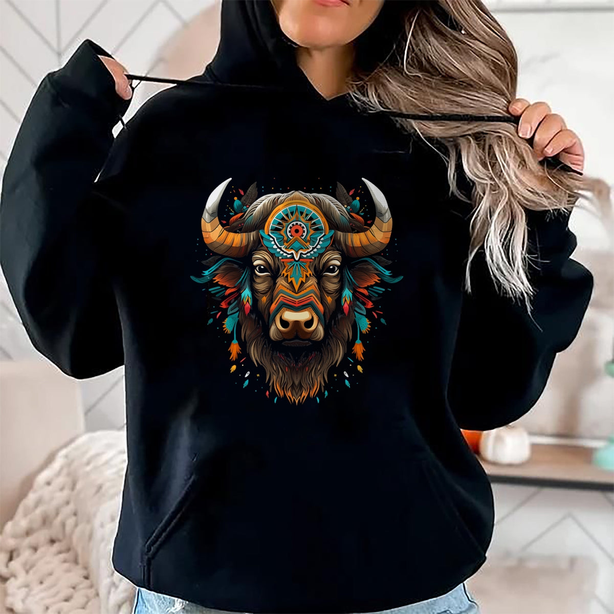 Native American T-Shirts, Vintage Native American Unisex T-Shirt/Hoodie/Sweatshirt HLT00 - American Flag - Bison American Buffalo Colorful Boho Native American Pattern T-Shirt