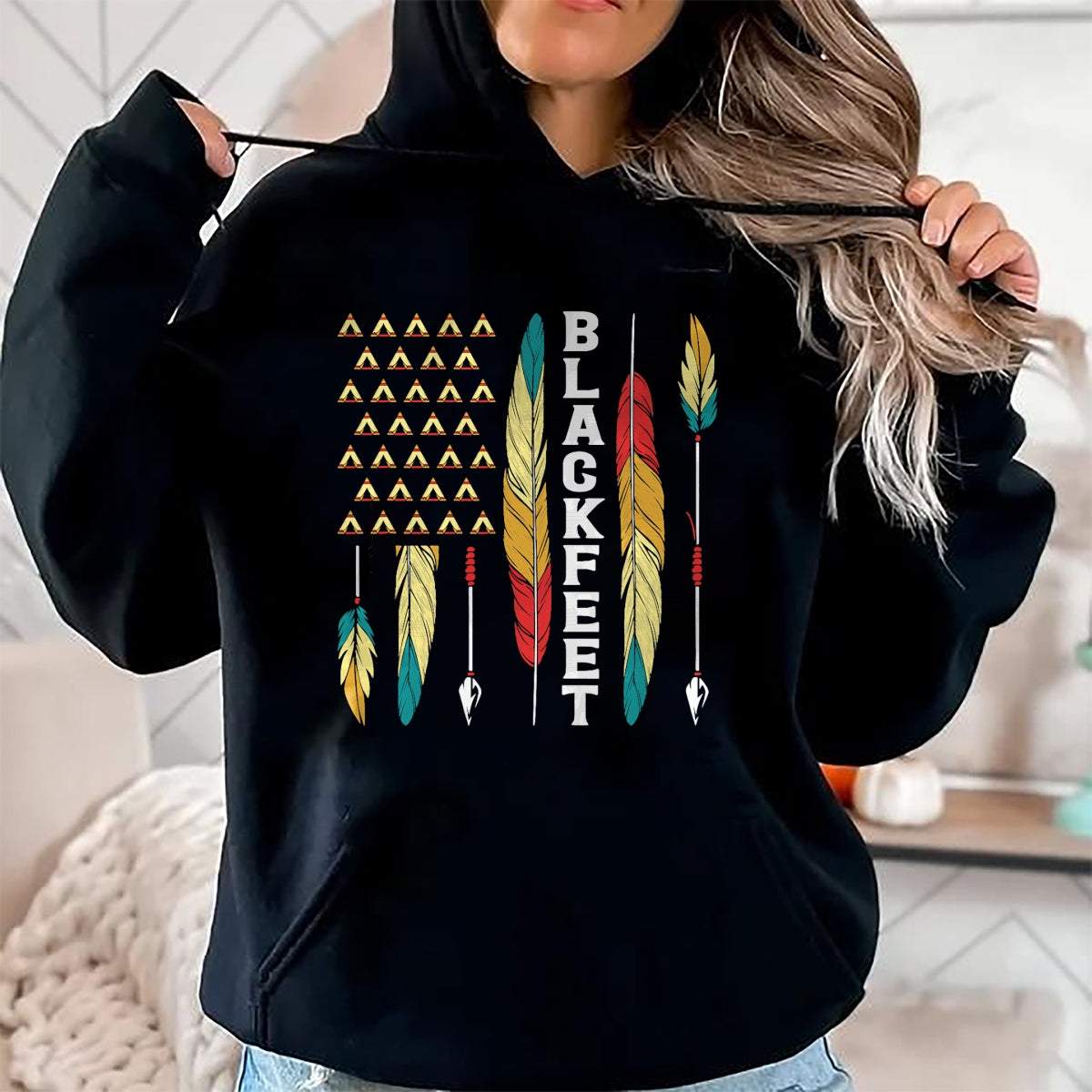Native American T-Shirts, Vintage Native American Unisex T-Shirt/Hoodie/Sweatshirt HLT00 - American Flag - Blackfeet Flag Native Pride American Indian Tribe Blackfeet T-Shirt (1)