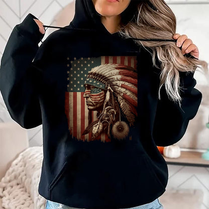 Native American T-Shirts, Vintage Native American Unisex T-Shirt/Hoodie/Sweatshirt HLT00 - Native American Indian Chief American USA Flag T-Shirt (1)
