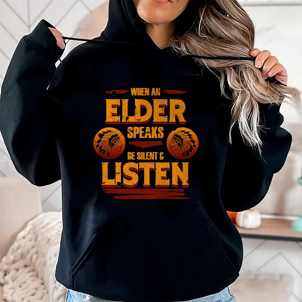Native American T-Shirts, Vintage Native American Unisex T-Shirt/Hoodie/Sweatshirt HLT00 - American Flag - Be Silent And Listen To Elder Native American Day Graphic T-Shirt