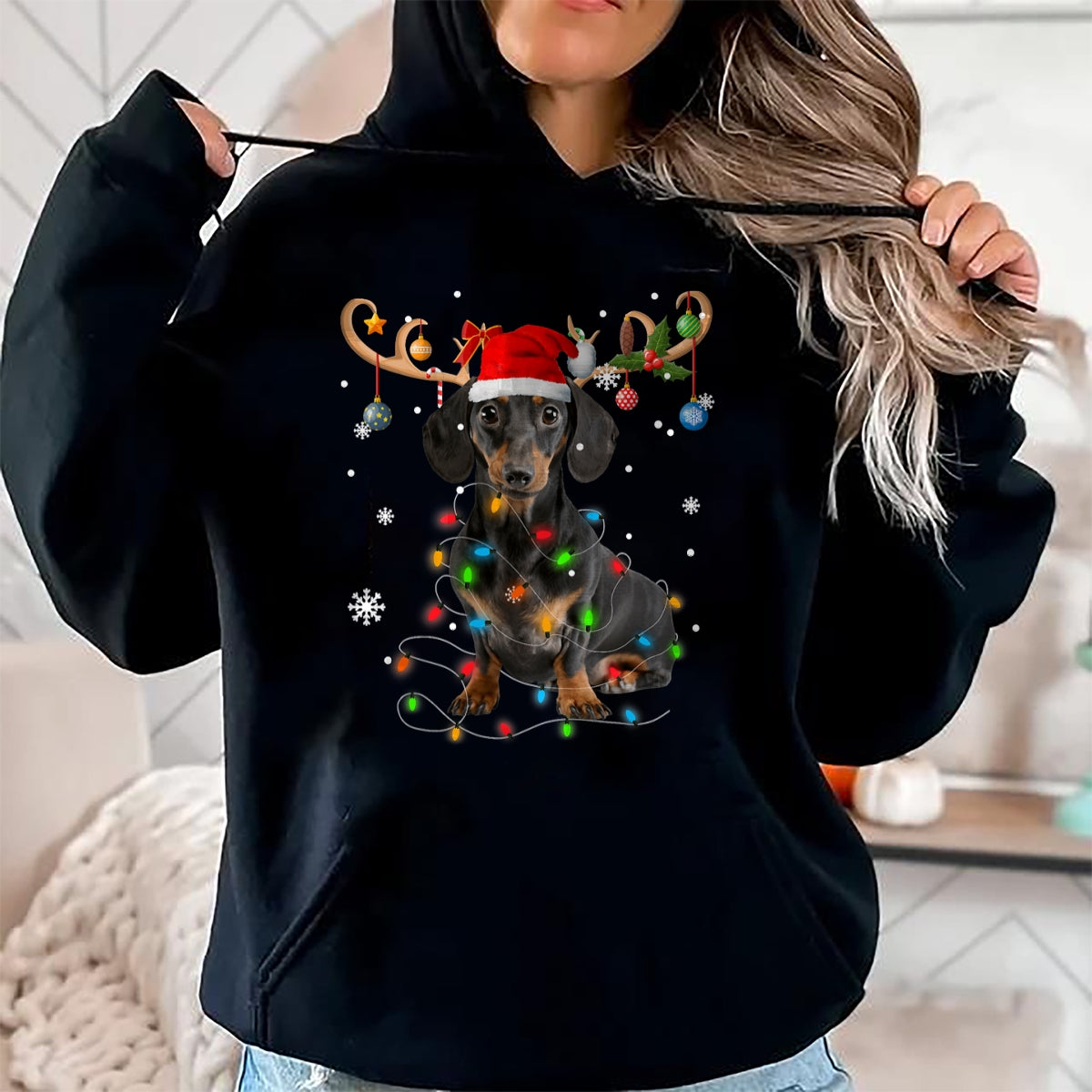 Funny Dachshund Christmas Reindeer Christmas Lights Pajama T-Shirt - Christmas Unisex T-Shirt/Hoodie/Sweatshirt - HNDS00