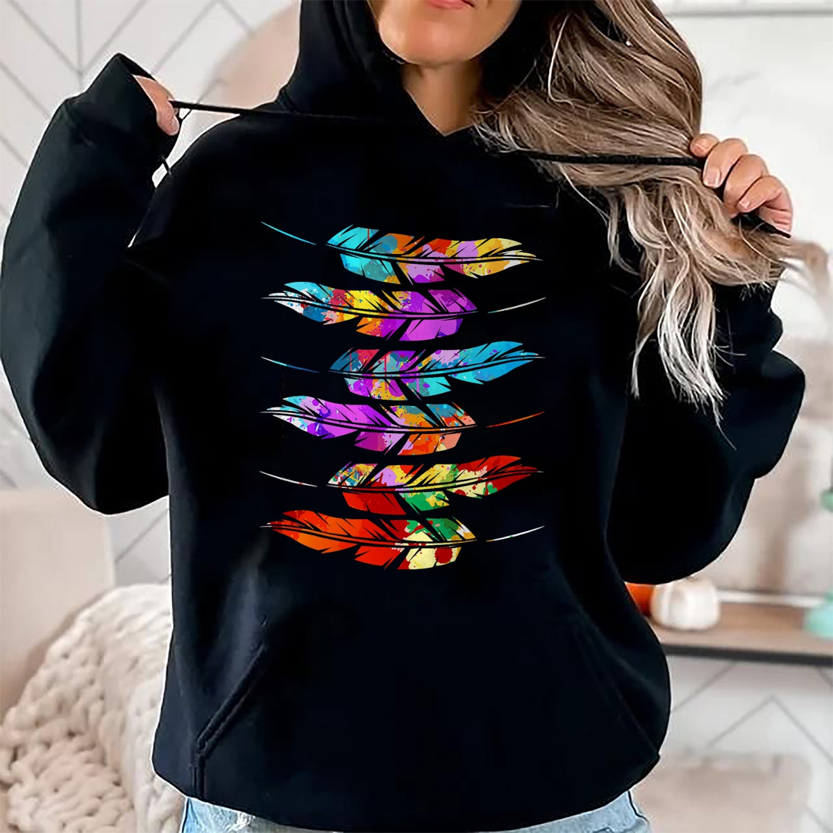 Native American T-Shirts, Vintage Native American Unisex T-Shirt/Hoodie/Sweatshirt HLT00 - American Flag - Colorful Feathers American Indian Pride Native American T-Shirt