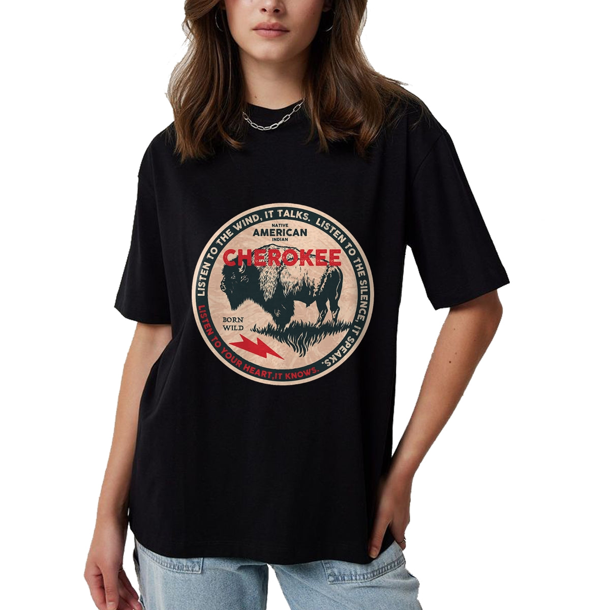 Native American T-Shirts, Vintage Native American Unisex T-Shirt/Hoodie/Sweatshirt HLT00 - American Flag - Cherokee Native American Indian Born Freedom Wild Buffalo T-Shirt (1)