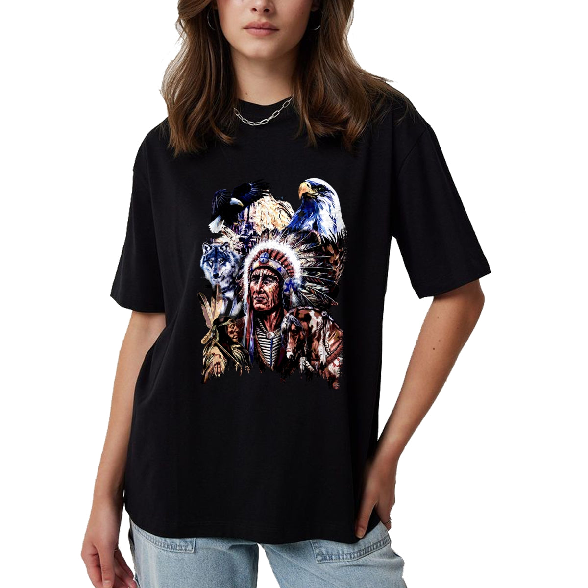 Native American T-Shirts, Vintage Native American Unisex T-Shirt/Hoodie/Sweatshirt HLT00 - American Flag - American Indigenous Art Native Indian Chief Headdress T-Shirt (1)