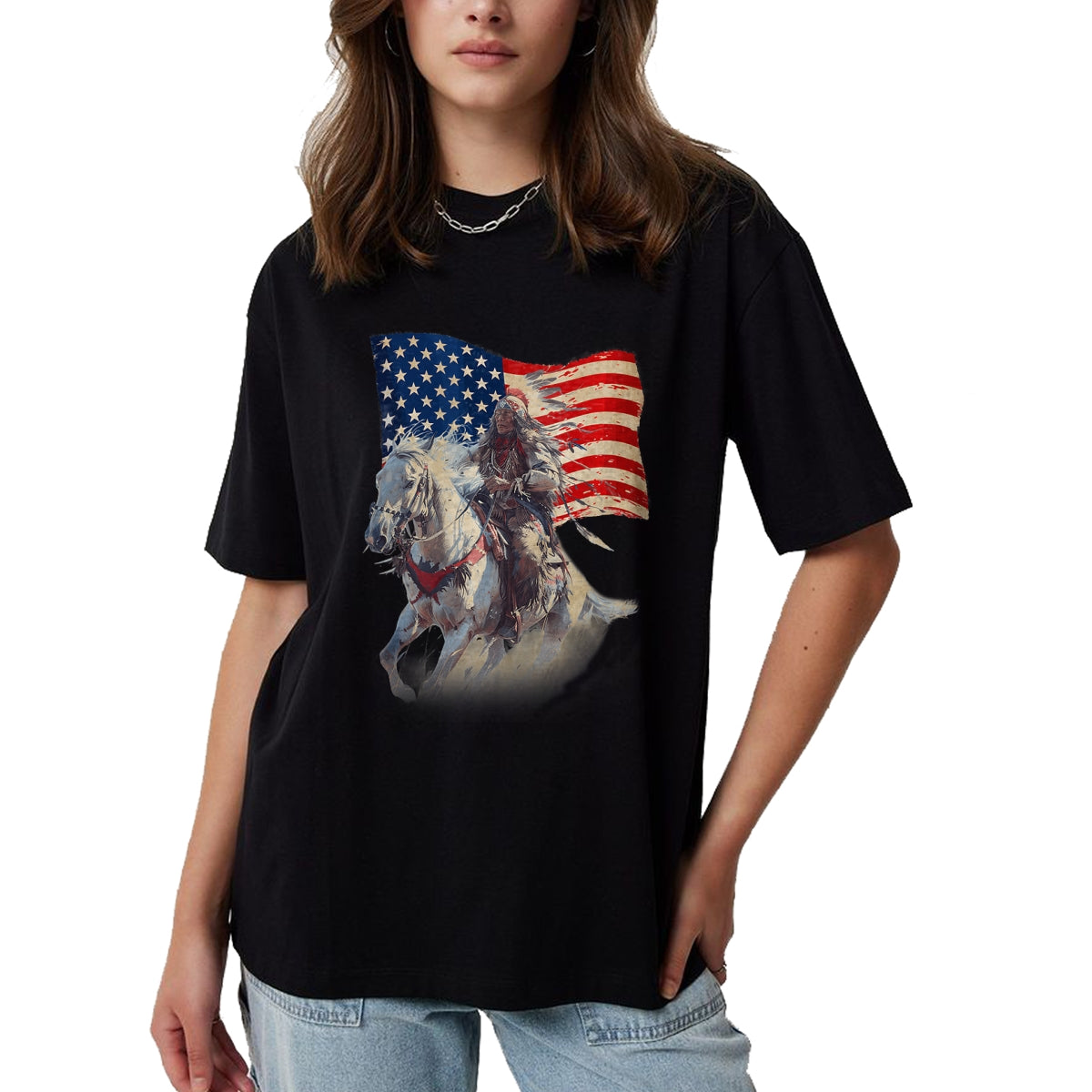 Native American T-Shirts, Vintage Native American Unisex T-Shirt/Hoodie/Sweatshirt HLT00 - Native American Day Flag Indian Riding Horse 4th of July T-Shirt (1)