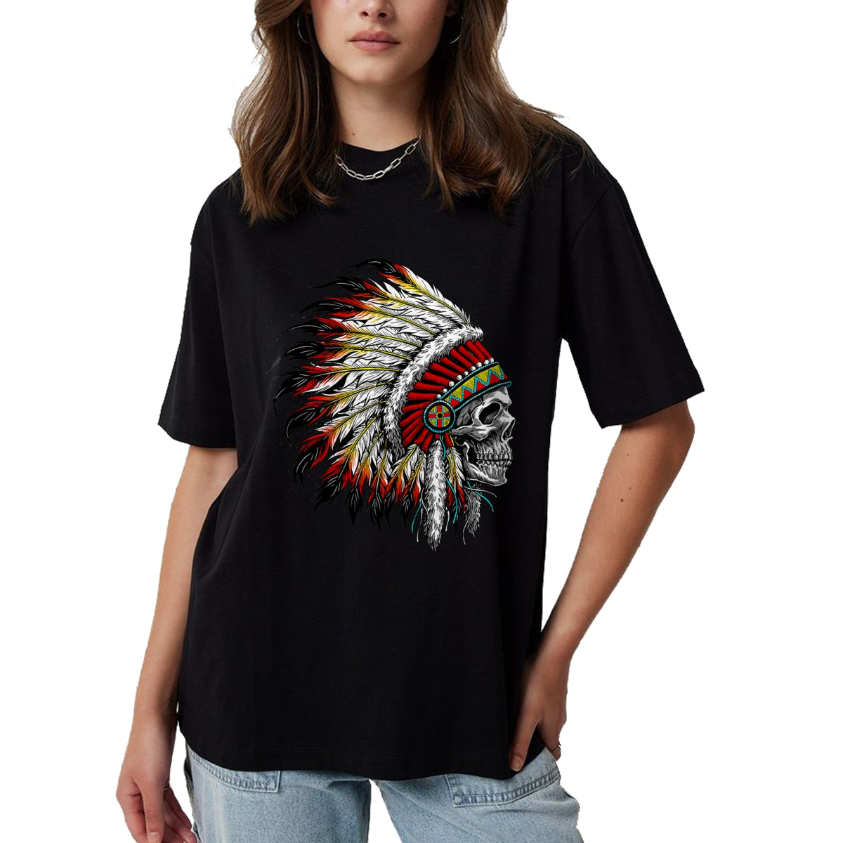 Native American T-Shirts, Vintage Native American Unisex T-Shirt/Hoodie/Sweatshirt HLT00 - Native American Indian Chief Skull Motorcycle Headdress T-Shirt (1)
