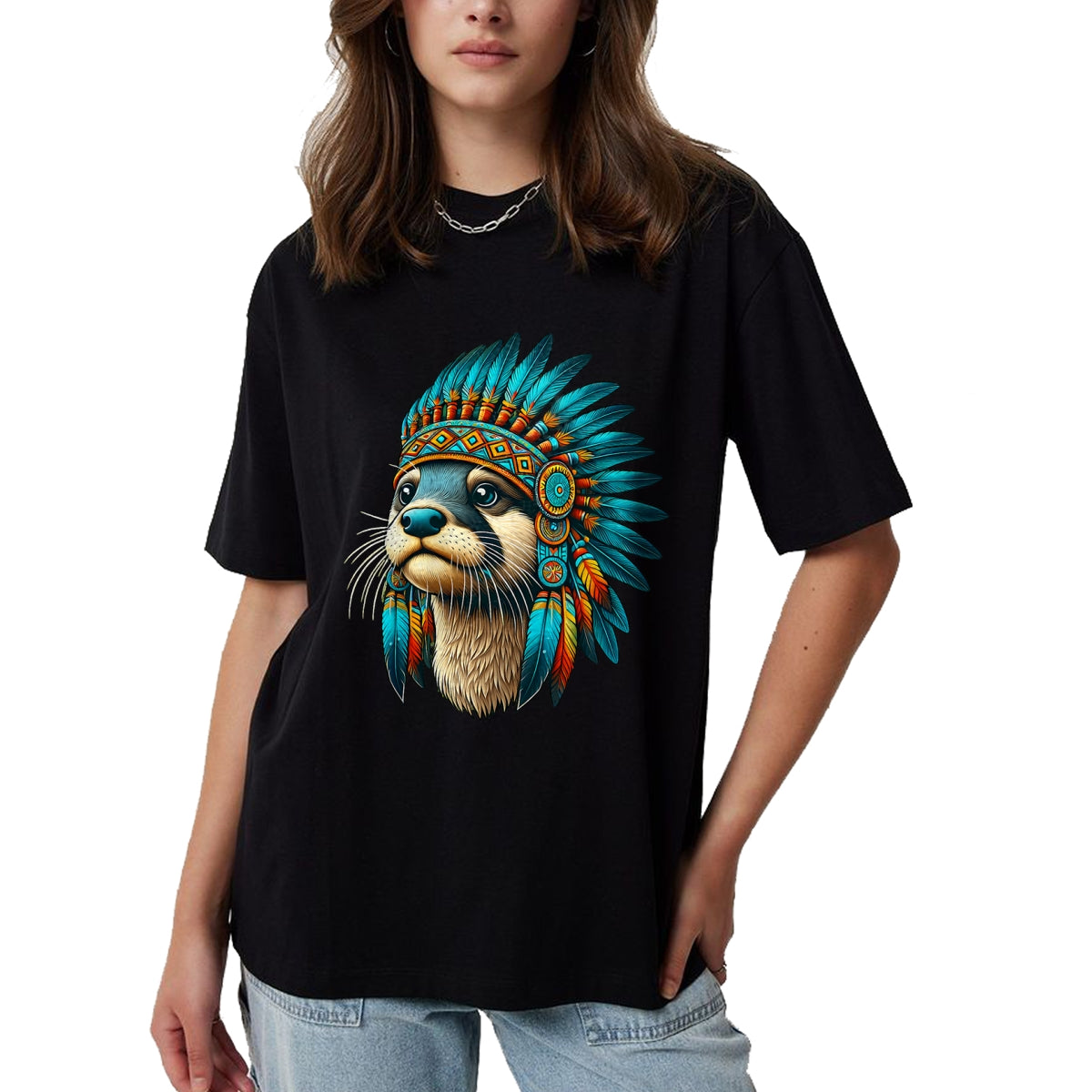 Native American T-Shirts, Vintage Native American Unisex T-Shirt/Hoodie/Sweatshirt HLT00 - Native Indian Otter Native American Indian Feathers T-Shirt (1)