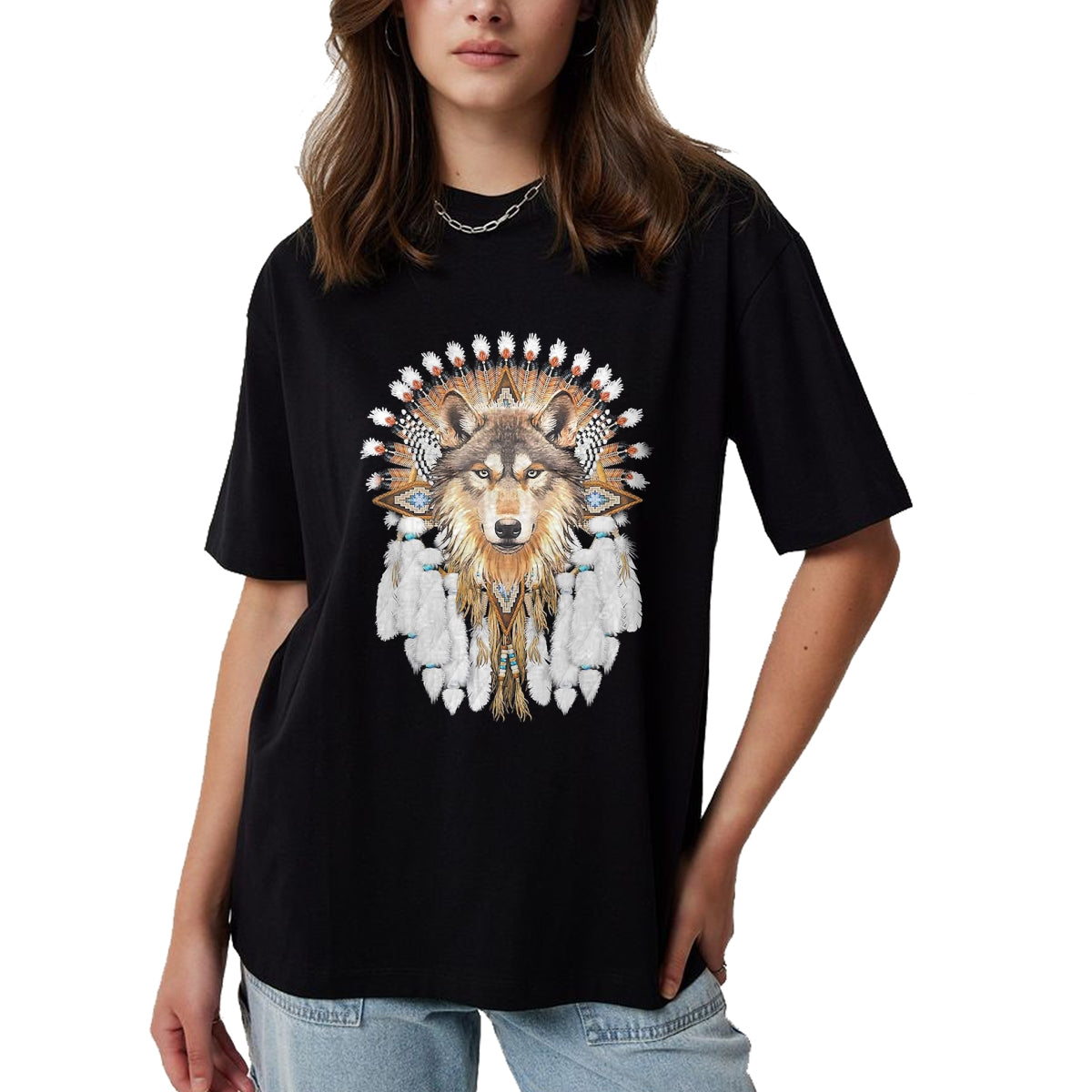 Native American T-Shirts, Vintage Native American Unisex T-Shirt/Hoodie/Sweatshirt HLT00 - Native American Wolf Feather T-Shirt (1)