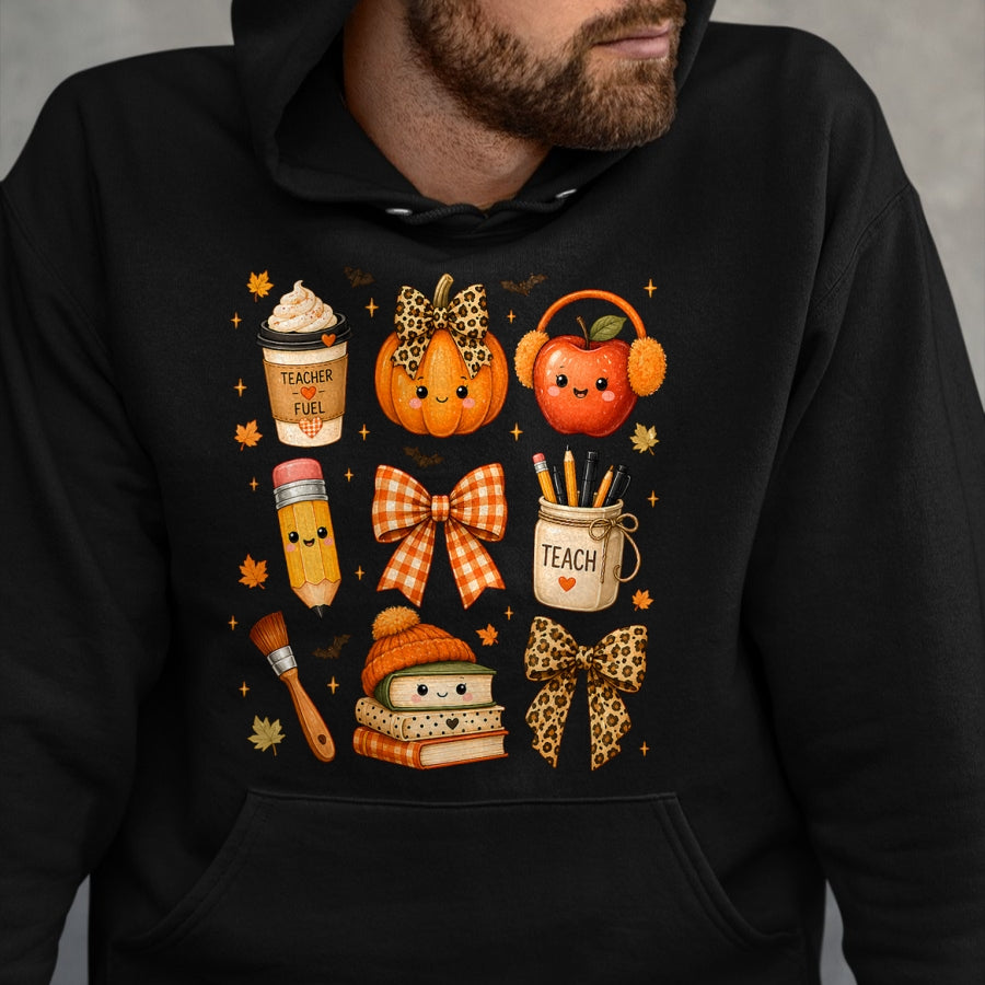 Best Teacher Shirt, Funny Teacher UnisexT-Shirt/Hoodie/Sweatshirt HLT00 - Fall Teacher Halloween Pumpkin Bow Apple Coffee School T-Shirt